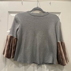 Anthropologie THML 100% Cotton Gray Knit Top with Taupe Pleated Bell Sleeves